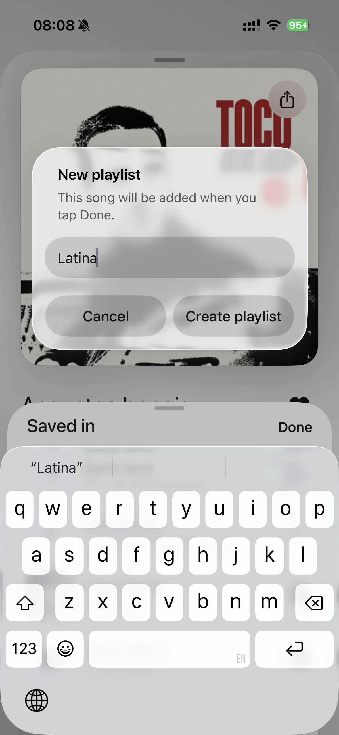 New playlist dialog on iPhone with a playlist name ready to create