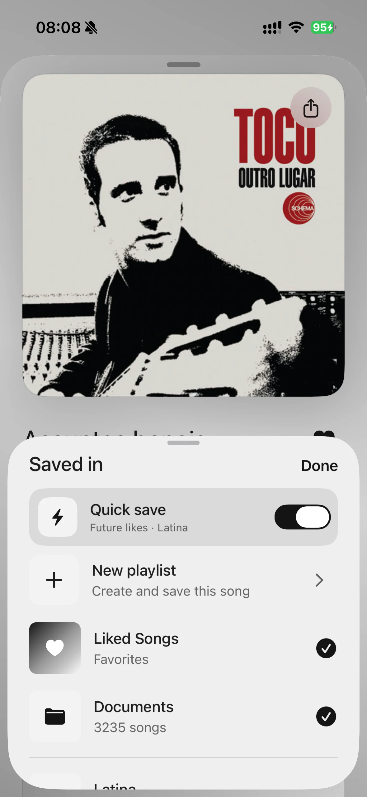Quick save enabled so future liked songs are saved to a chosen playlist