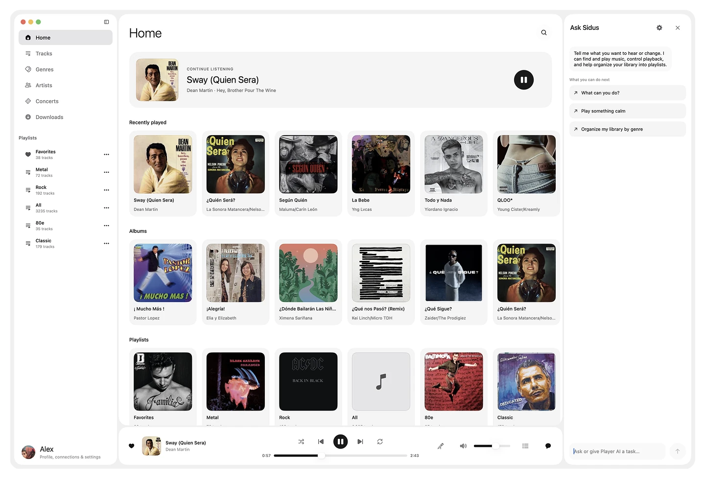 Sidus for macOS showing the music library, Player AI, and playback controls