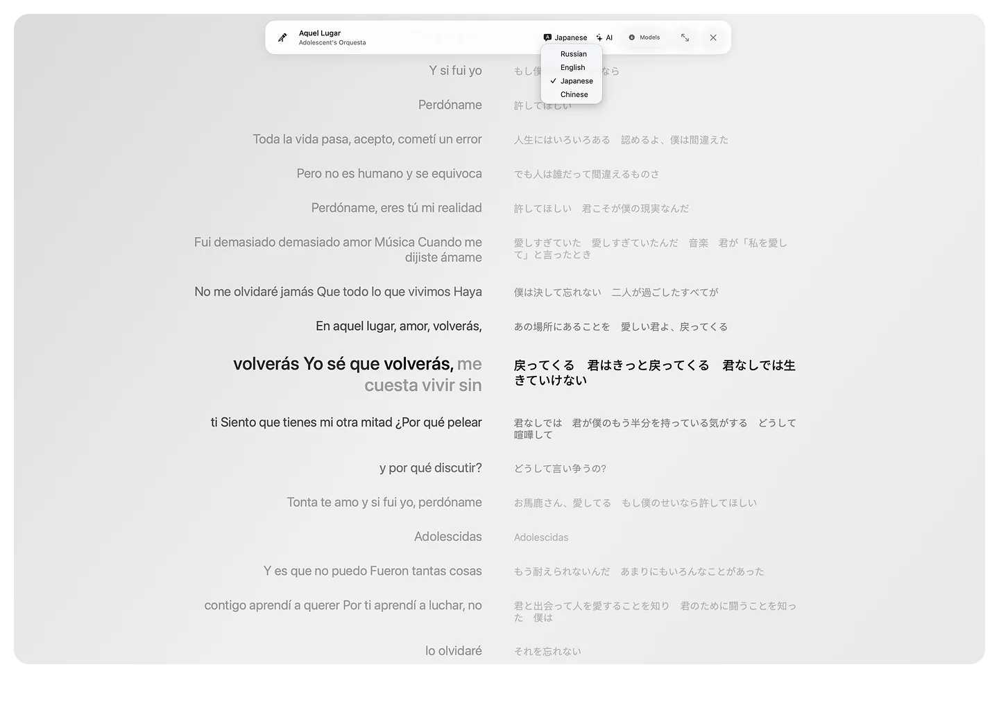 Sidus karaoke view with synchronized lyrics and translation